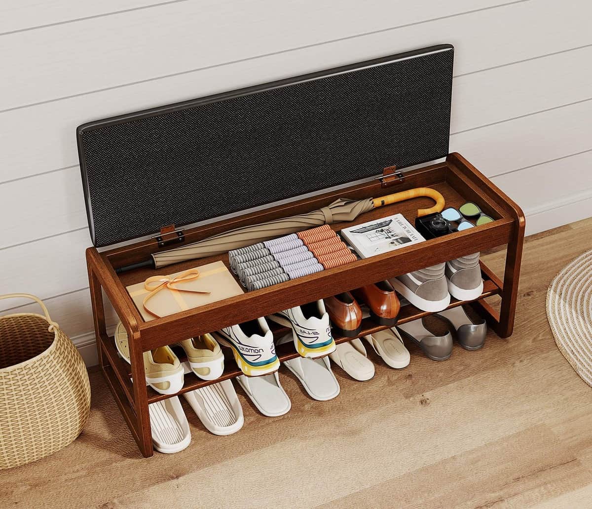 2-Tier Flip-Top Entryway Bench with Shoe Rack