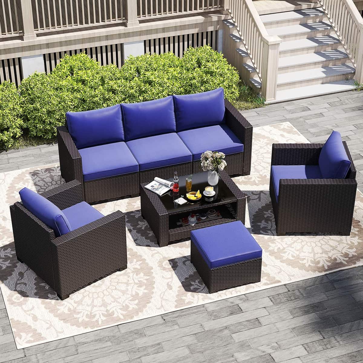 7 Pieces Outdoor Wicker Patio Furniture Sets with Cushions & Coffee Table
