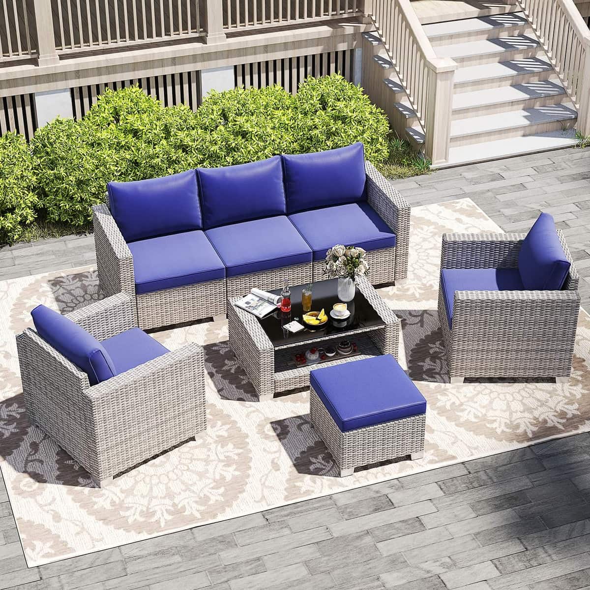 7 Pieces Outdoor Wicker Patio Furniture Sets with Cushions & Coffee Table