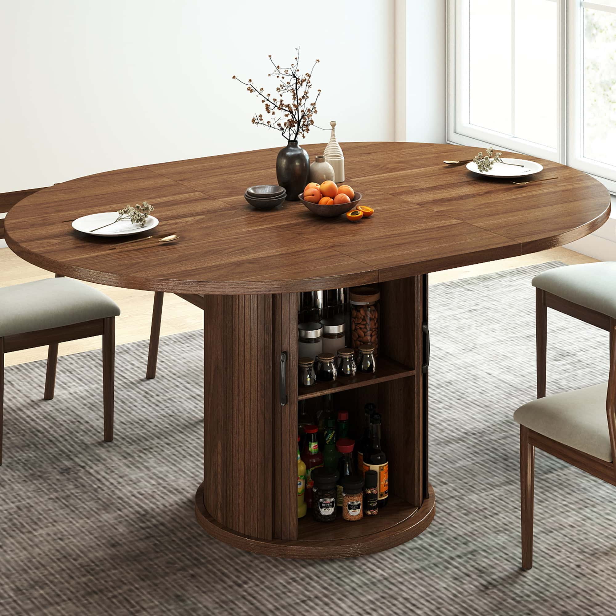 Expandable Round Dining Table for 4-8 Seats with Storage Underneath