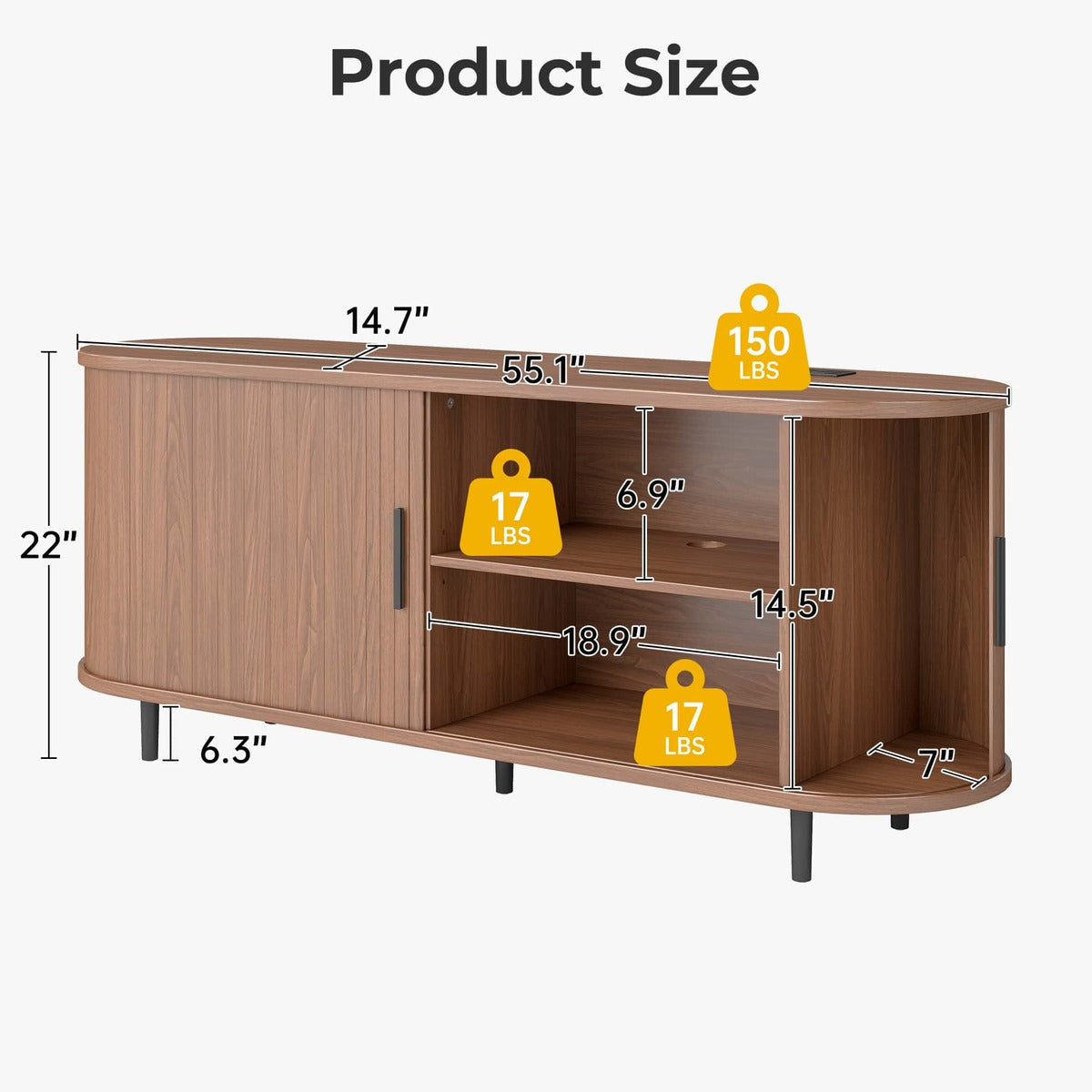 60" Walnut Mid Century Modern TV Stand with Sliding Doors