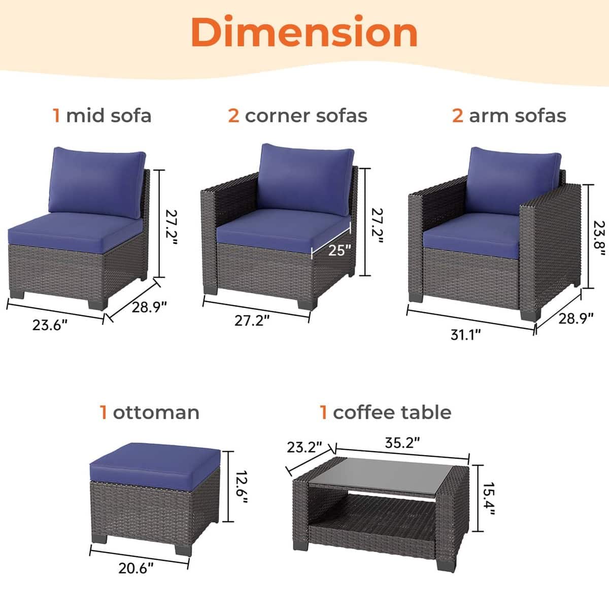 7 Pieces Outdoor Wicker Patio Furniture Sets with Cushions & Coffee Table