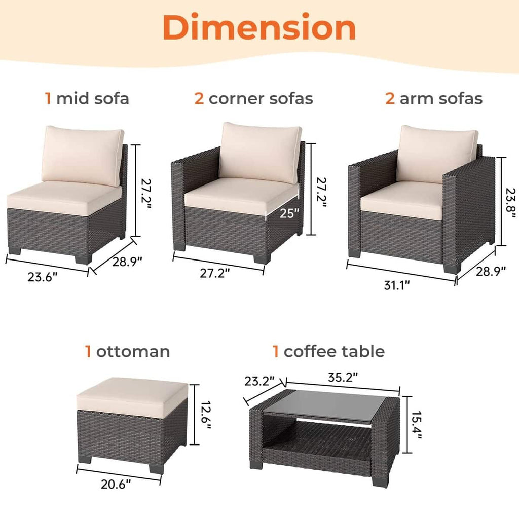 7 Pieces Outdoor Wicker Patio Furniture Sets with Cushions & Coffee Table