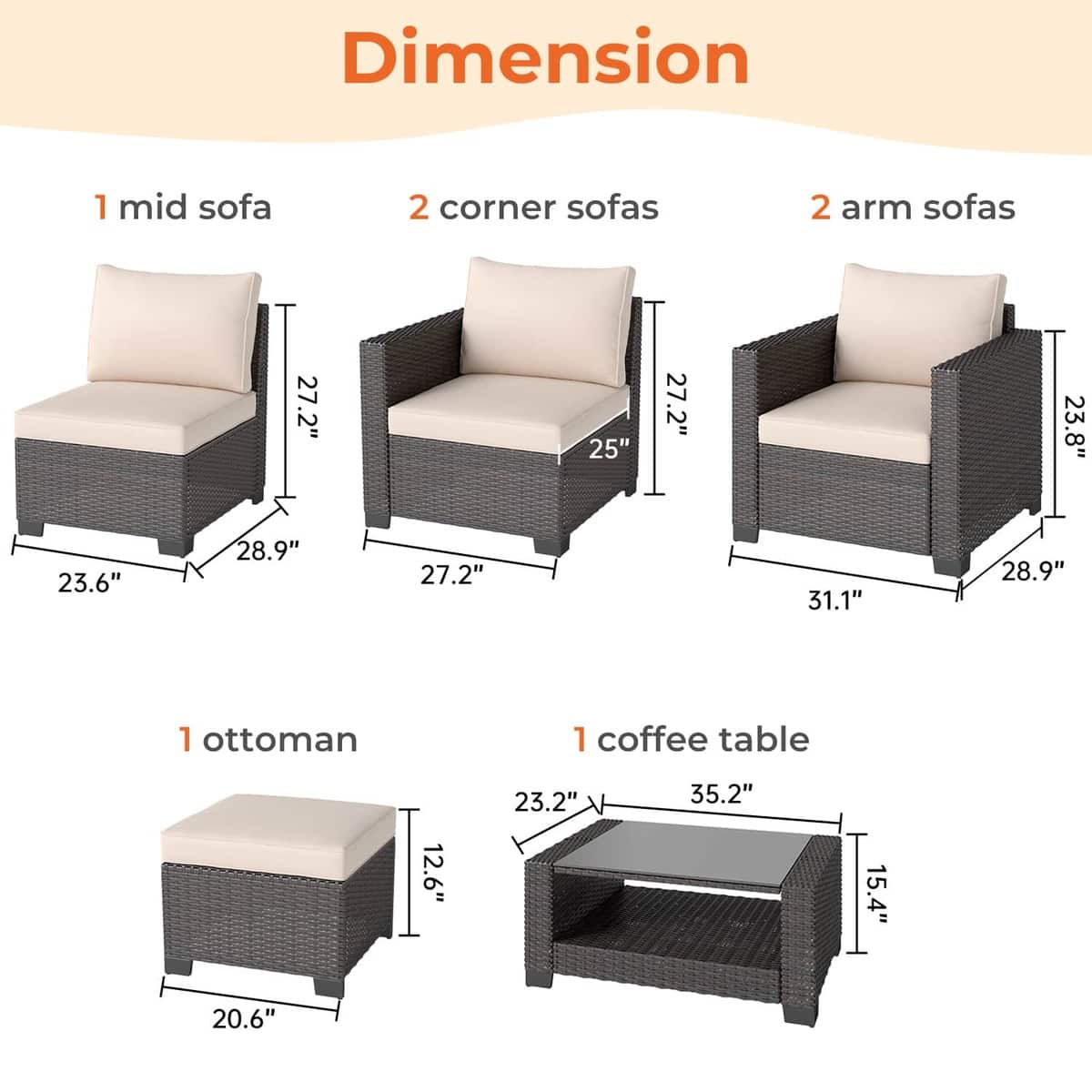7 Pieces Outdoor Wicker Patio Furniture Sets with Cushions & Coffee Table