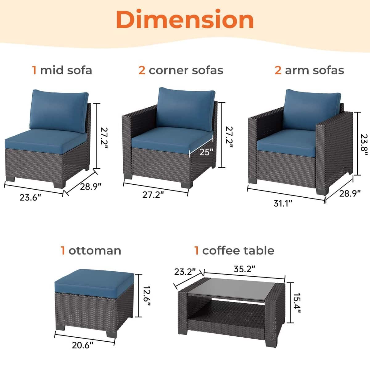 7 Pieces Outdoor Wicker Patio Furniture Sets with Cushions & Coffee Table
