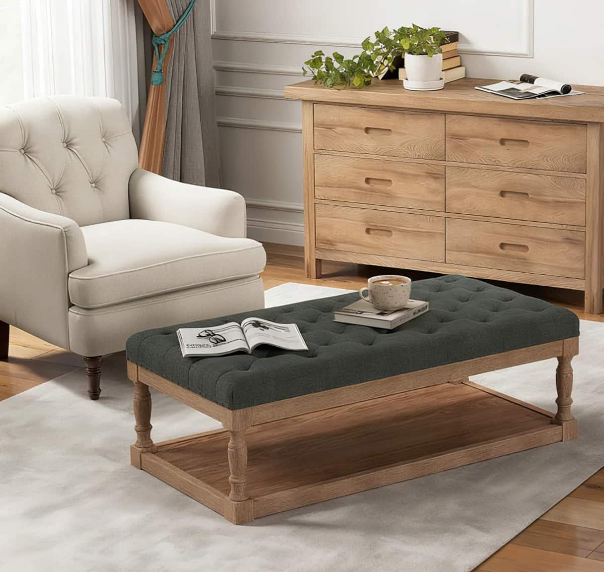 Rectangular Upholstered Ottoman Coffee Table with Solid Wood Shelf
