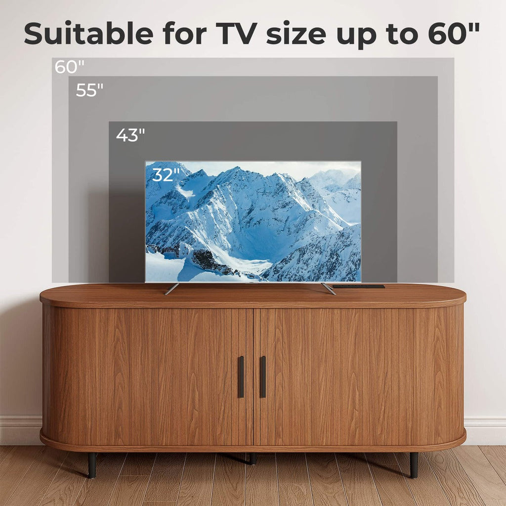 60" Walnut Mid Century Modern TV Stand with Sliding Doors