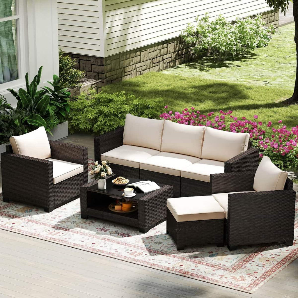 7 Pieces Outdoor Wicker Patio Furniture Sets with Cushions & Coffee Table