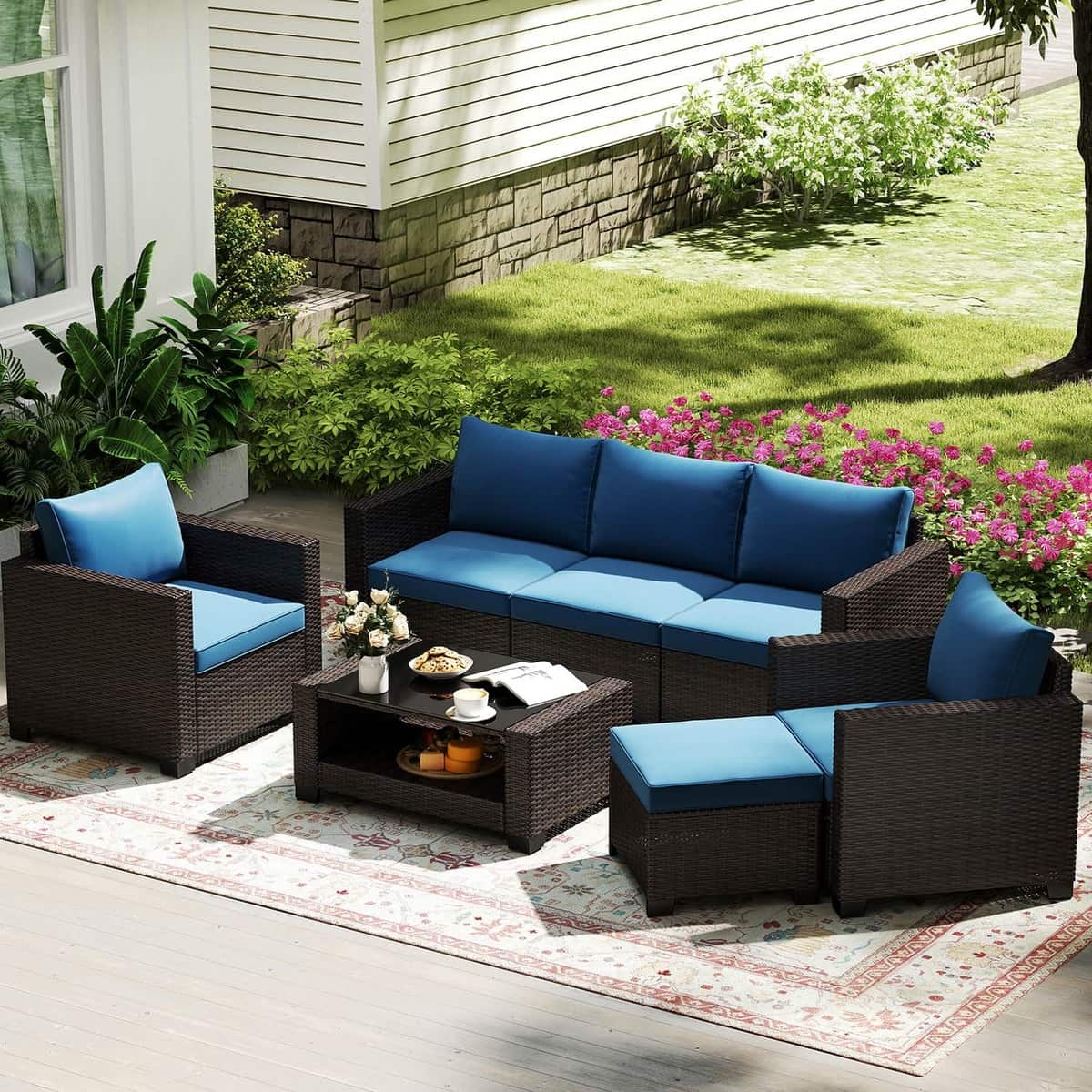 7 Pieces Outdoor Wicker Patio Furniture Sets with Cushions & Coffee Table
