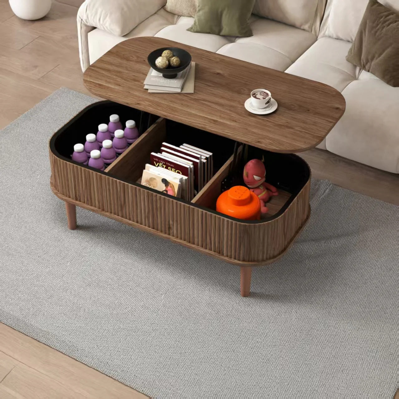 Fluted Lift Top Coffee Table with Hidden Compartment