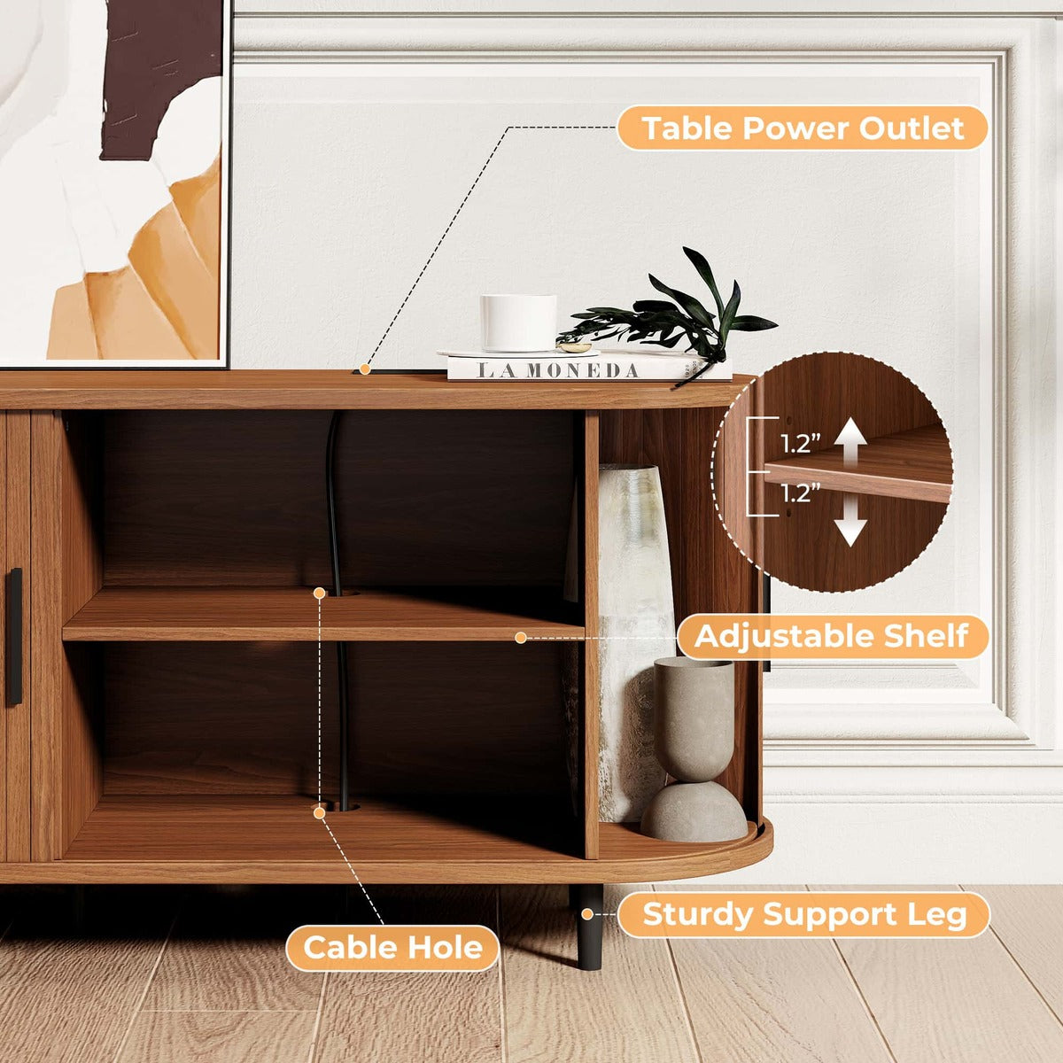 60" Walnut Mid Century Modern TV Stand with Sliding Doors