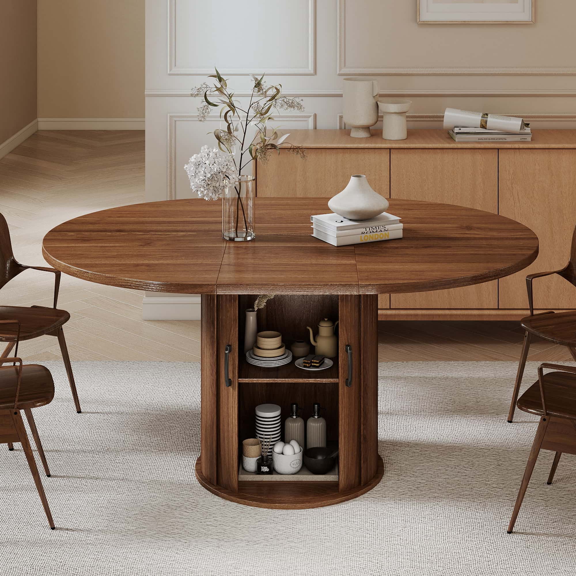 Expandable Round Dining Table for 4-8 Seats with Storage Underneath