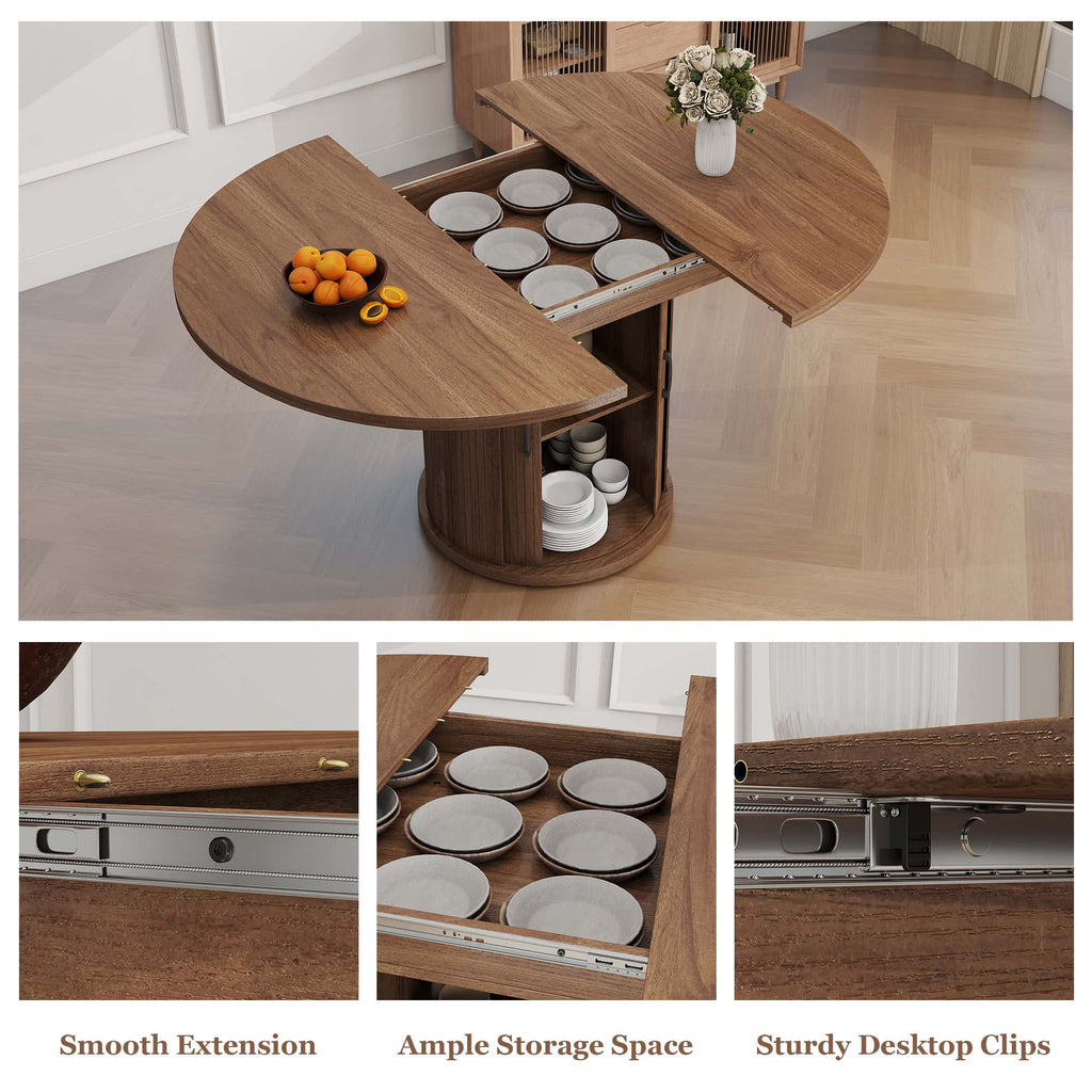Expandable Round Dining Table for 4-8 Seats with Storage Underneath