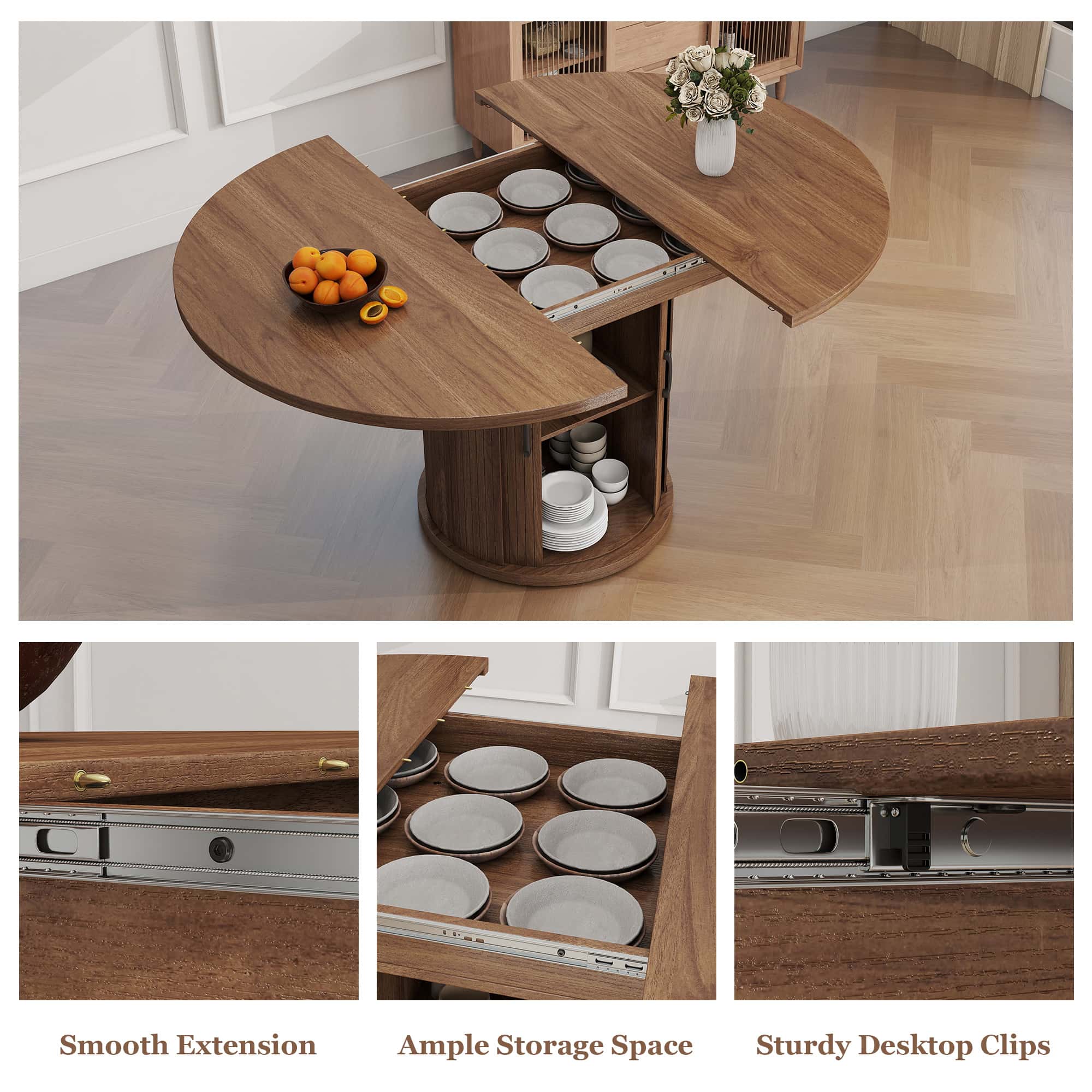 Expandable Round Dining Table for 4-8 Seats with Storage Underneath