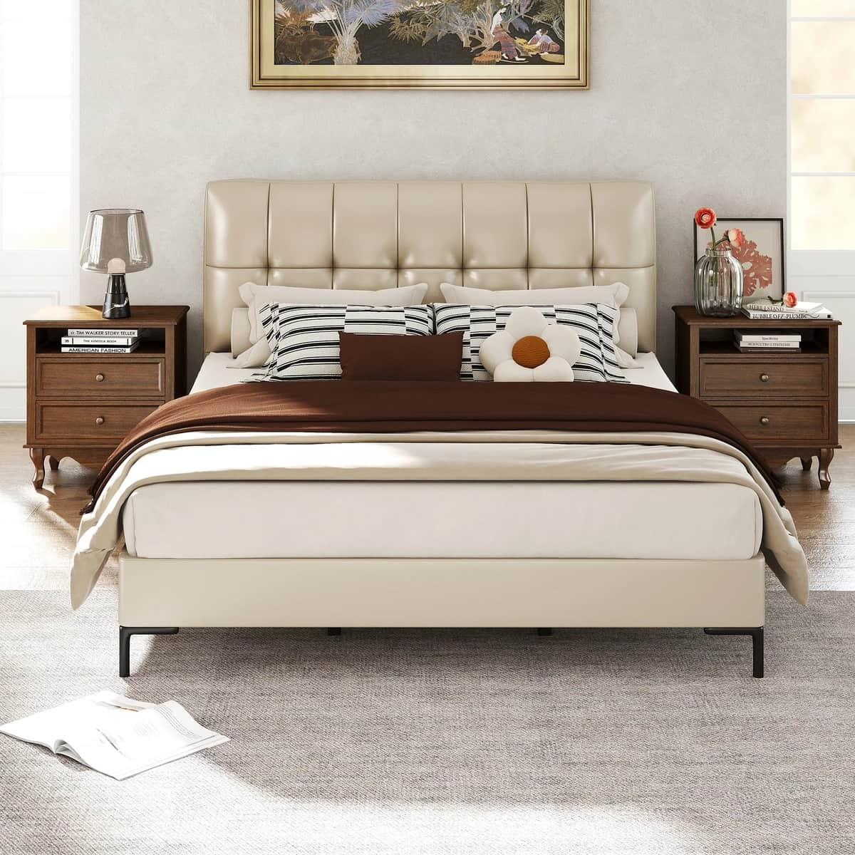 Solid Wood Nightstand with 2 Drawers & Charging Station