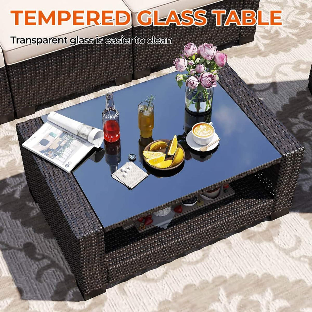 7 Pieces Outdoor Wicker Patio Furniture Sets with Cushions & Coffee Table