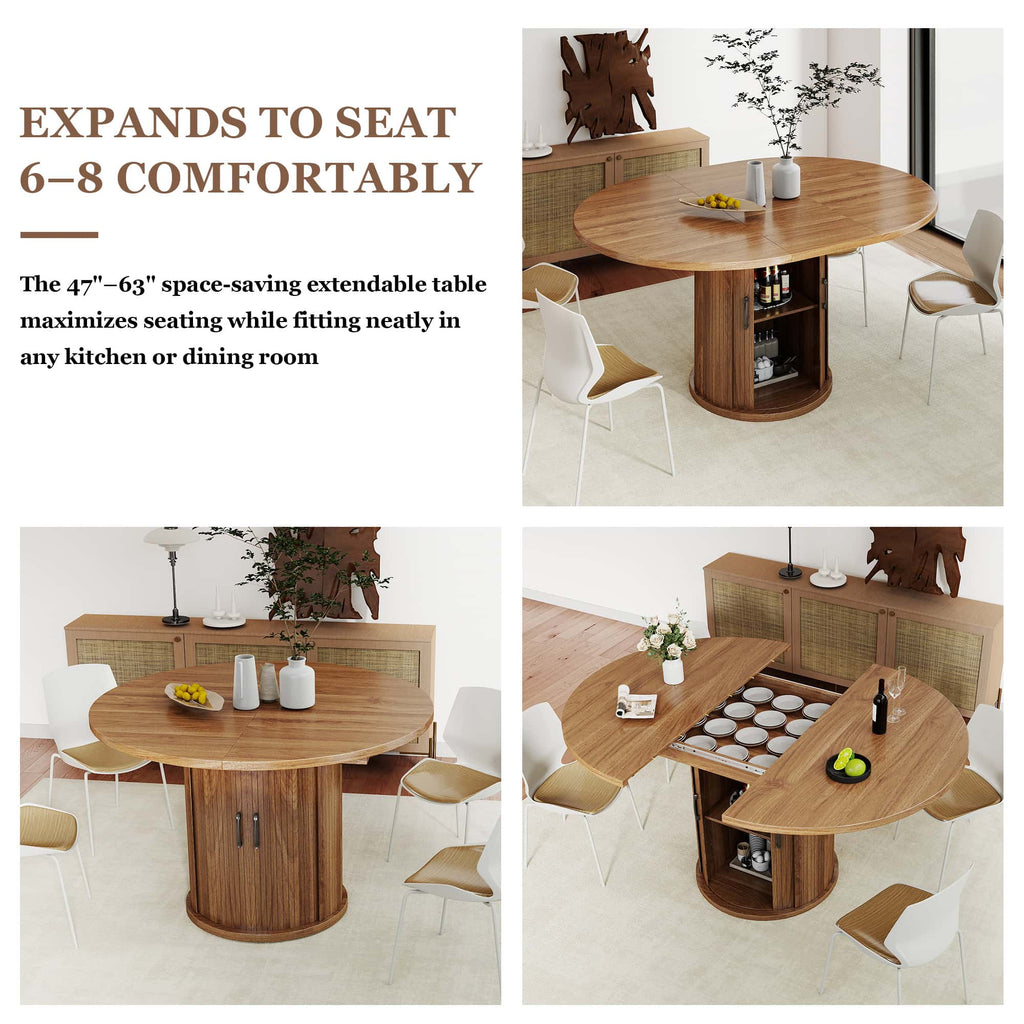 Expandable Round Dining Table for 4-8 Seats with Storage Underneath