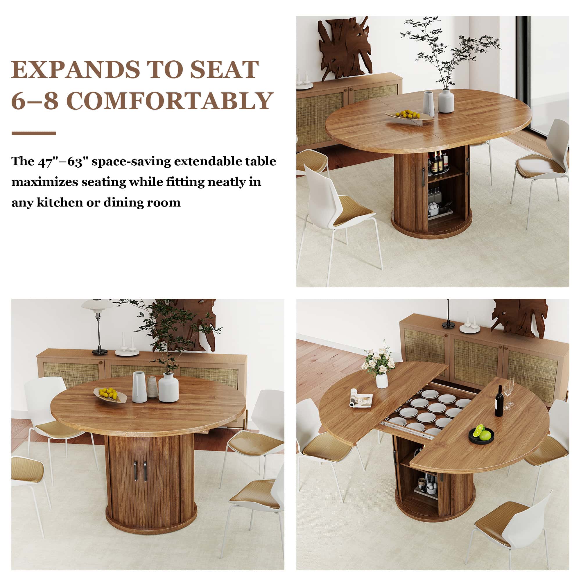 Expandable Round Dining Table for 4-8 Seats with Storage Underneath