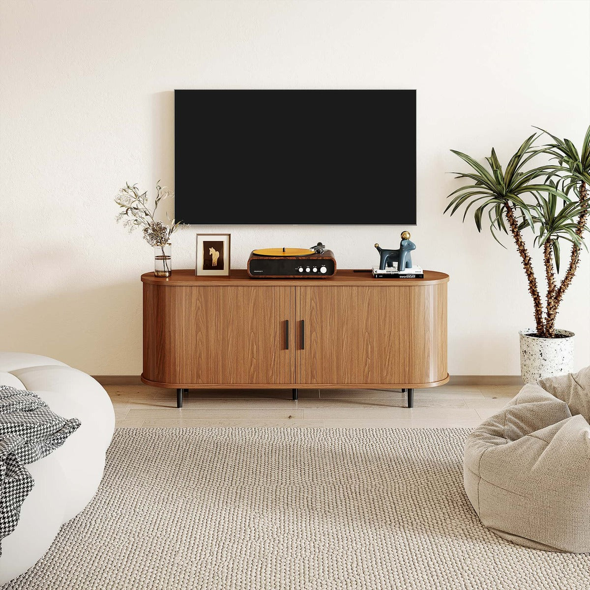 60" Walnut Mid Century Modern TV Stand with Sliding Doors