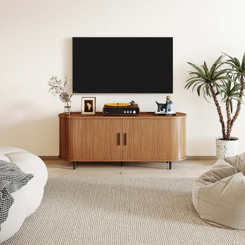 60" Walnut Mid Century Modern TV Stand with Sliding Doors