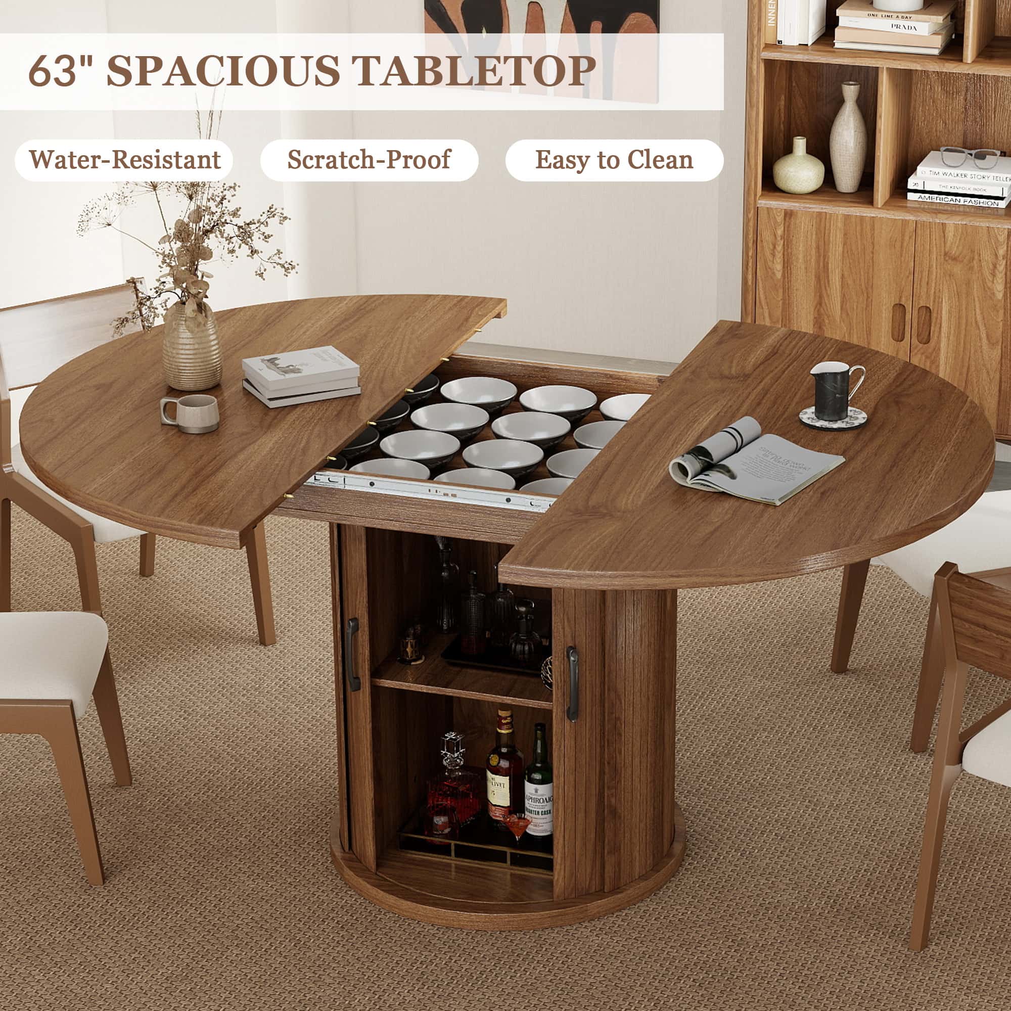 Expandable Round Dining Table for 4-8 Seats with Storage Underneath