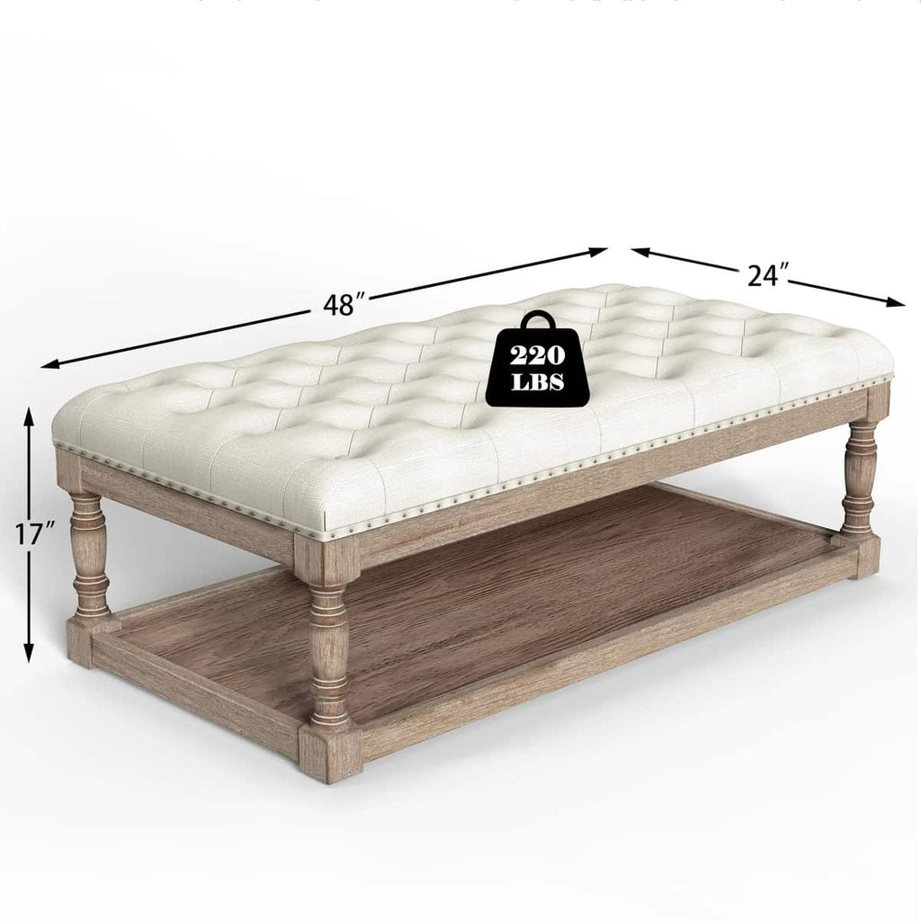 Rectangular Upholstered Ottoman Coffee Table with Solid Wood Shelf