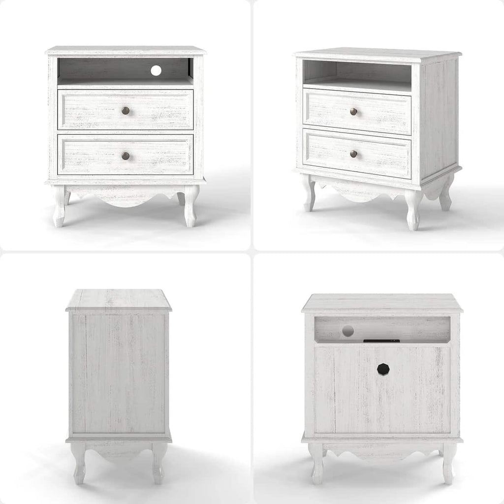Solid Wood Nightstand with 2 Drawers & Charging Station