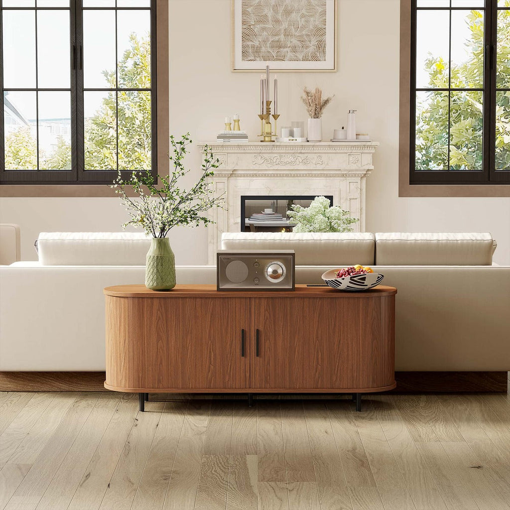 60" Walnut Mid Century Modern TV Stand with Sliding Doors