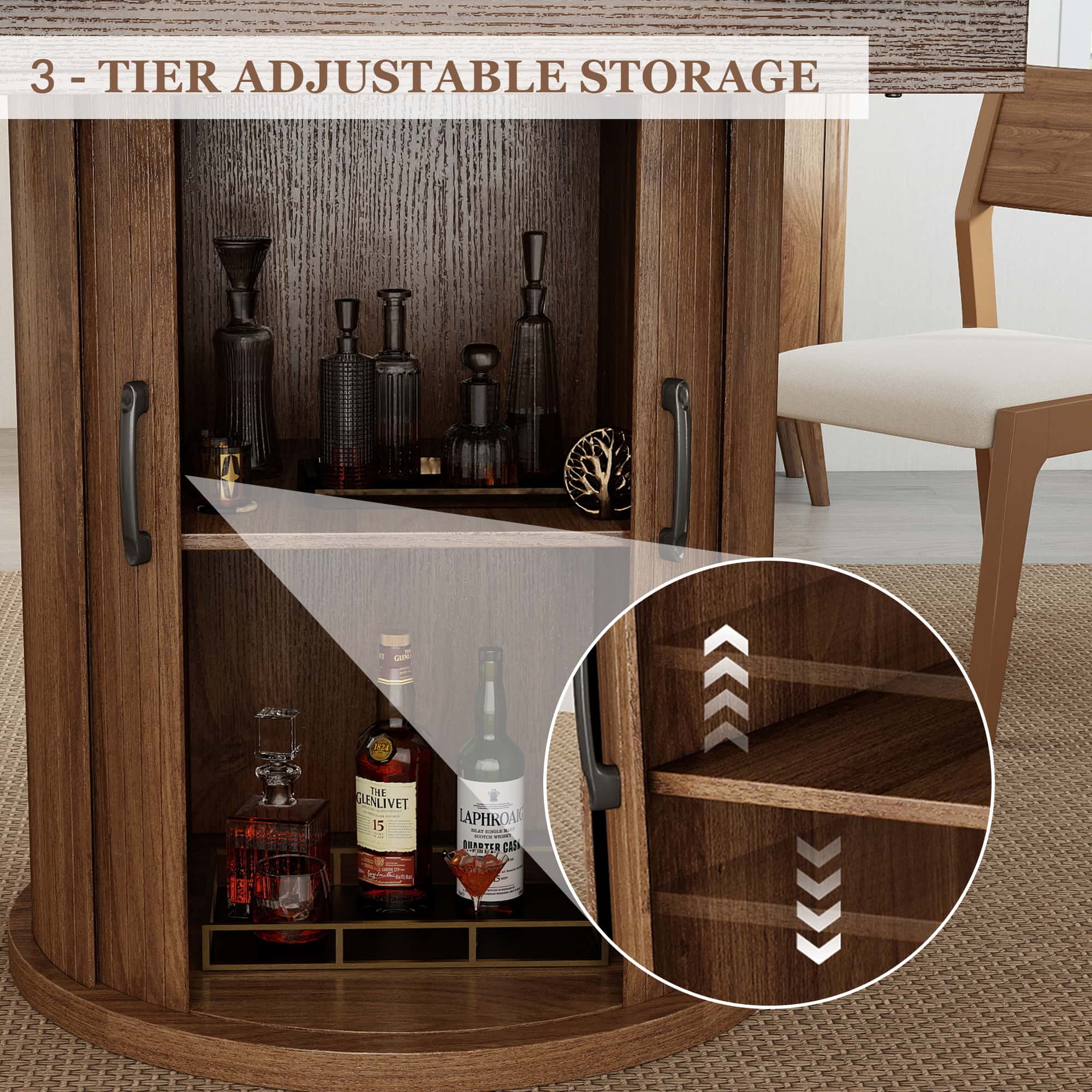 Expandable Round Dining Table for 4-8 Seats with Storage Underneath