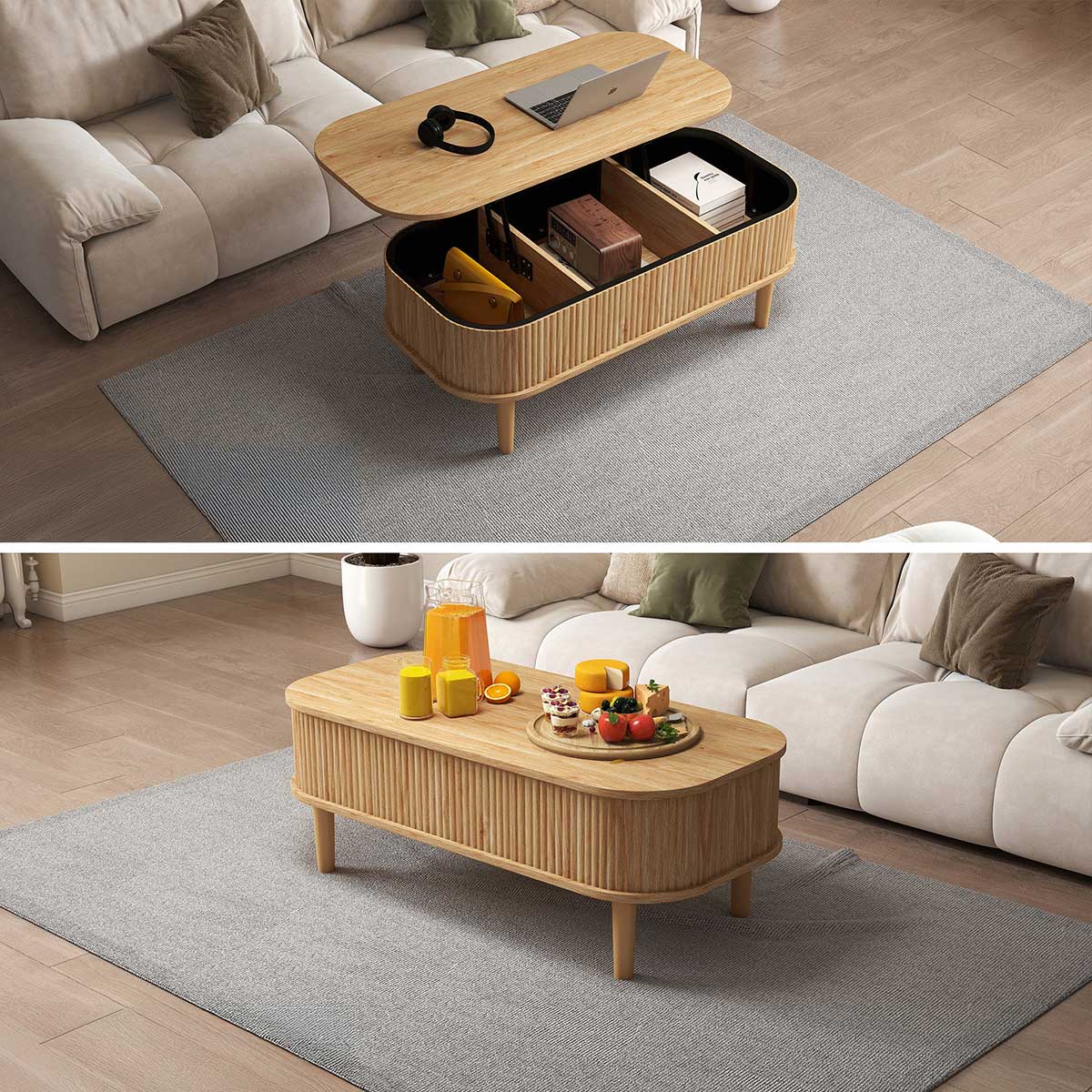 Fluted Lift Top Coffee Table with Hidden Compartment