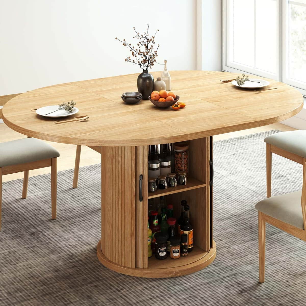 Expandable Round Dining Table for 4-8 Seats with Storage Underneath