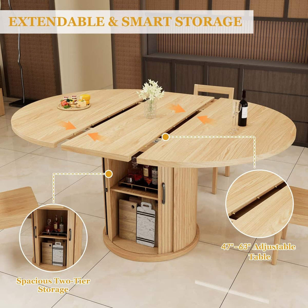 Expandable Round Dining Table for 4-8 Seats with Storage Underneath