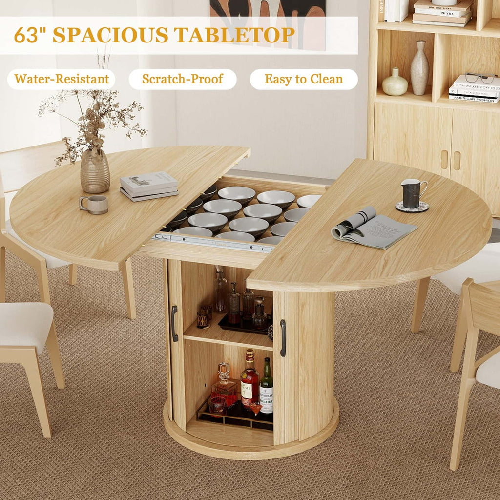 Expandable Round Dining Table for 4-8 Seats with Storage Underneath