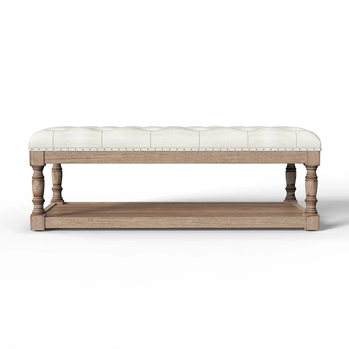 Rectangular Upholstered Ottoman Coffee Table with Solid Wood Shelf