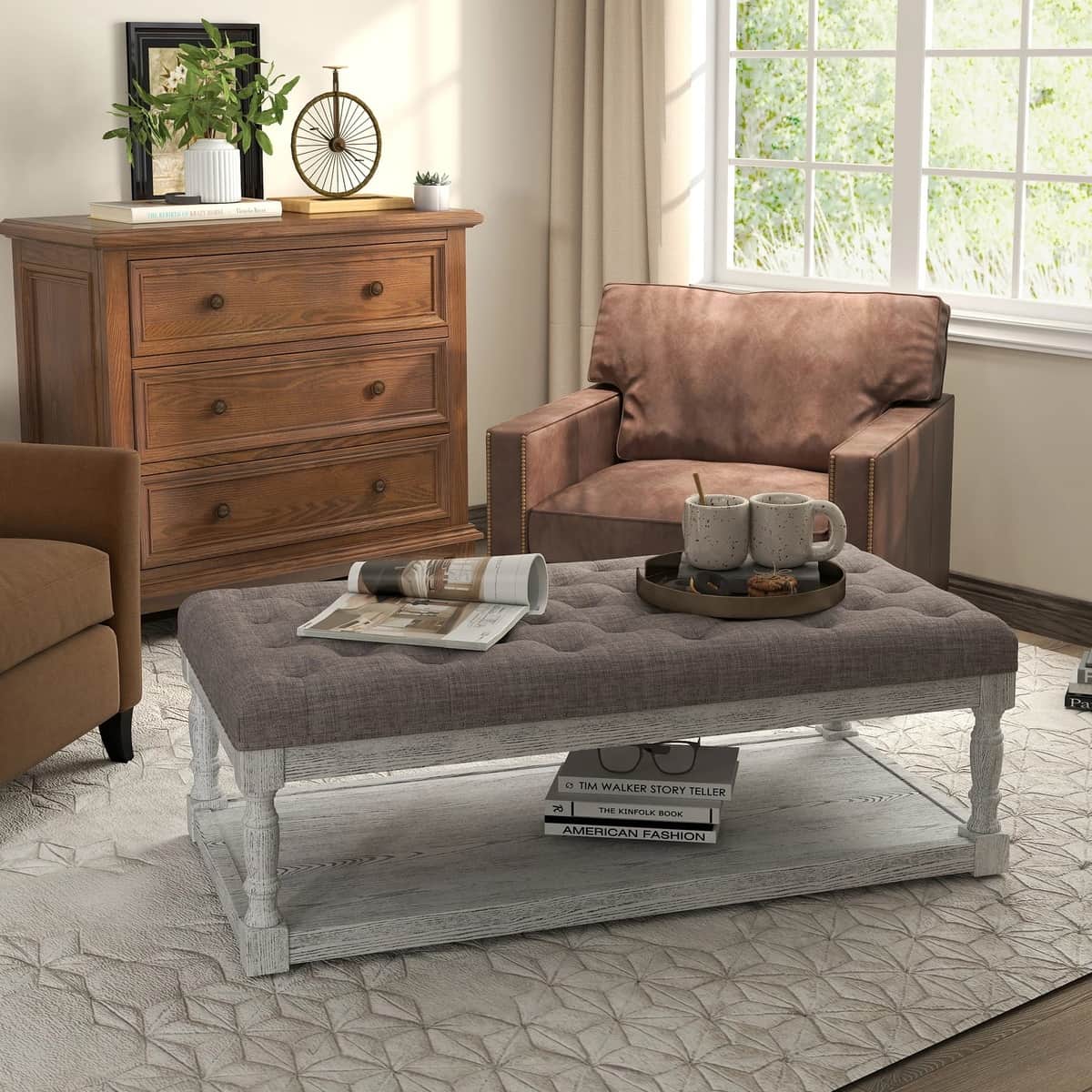 Rectangular Upholstered Ottoman Coffee Table with Solid Wood Shelf