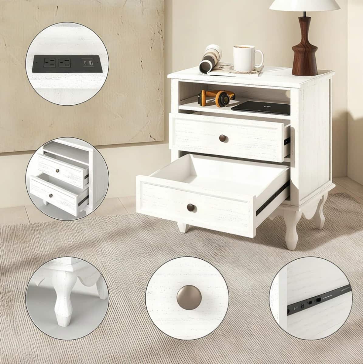 Solid Wood Nightstand with 2 Drawers & Charging Station