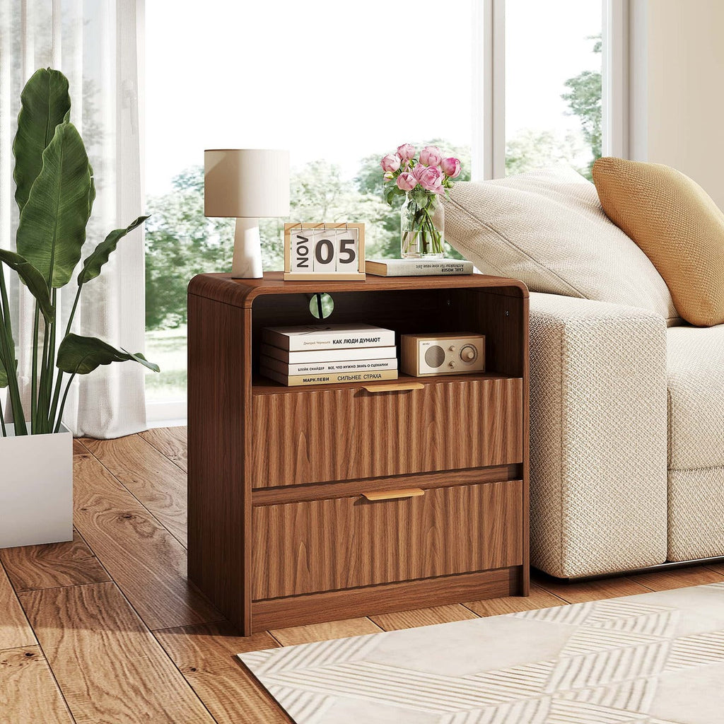 Fluted Nightstand with 2 Drawers and Charging Station