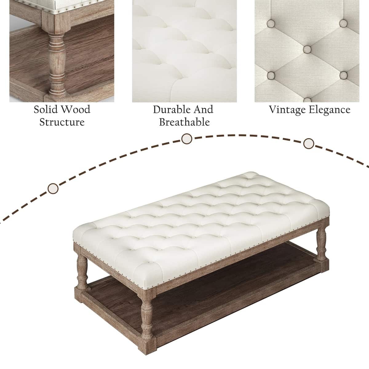 Rectangular Upholstered Ottoman Coffee Table with Solid Wood Shelf