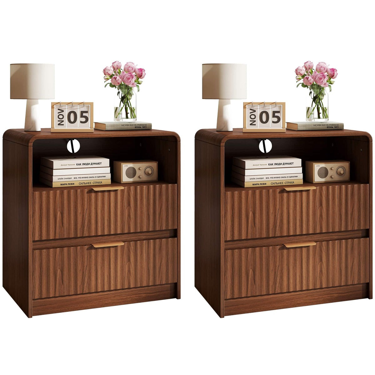 Fluted Nightstand with 2 Drawers and Charging Station